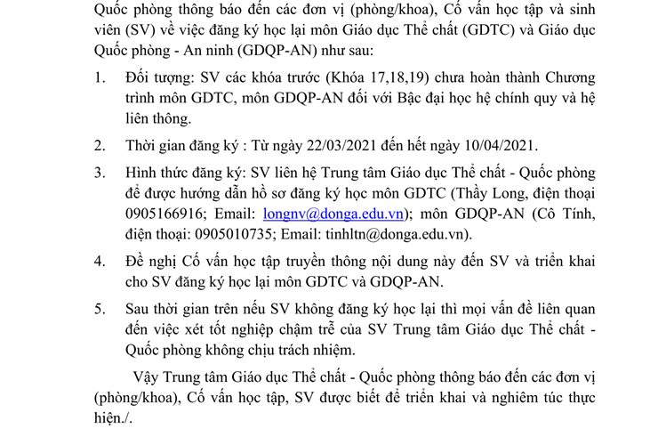Thông báo đăng ký học lại môn Giáo dục thể chất và Giáo dục Quốc phòng - An ninh